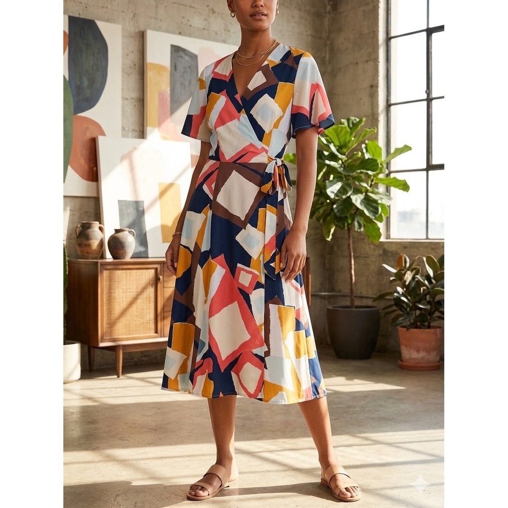 Hutch Anthropologie Abstract Geometric Wrap Midi Dress Multicolored V-Neck S